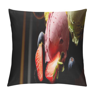 Personality  Close Up View Of Delicious Berry Ice Cream On Black, Panoramic Orientation Pillow Covers