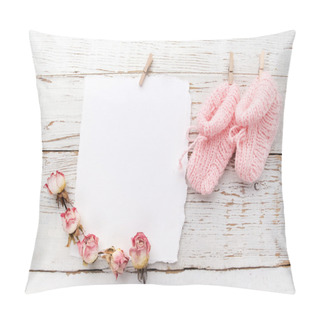 Personality  Pink Babys Booties. Small Girls Sock And Blank Card On White Wooden Background Pillow Covers