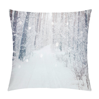 Personality  Scenic View Of Winter Forest And Blurred Falling Snowflakes Pillow Covers