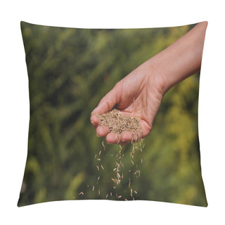 Personality  Female Hand Sowing Grass Seeds. Sowing Grain. Pillow Covers