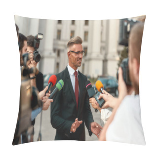 Personality  Explaining Strategies. Journalists Conducting Interview Of Politician. Journalism Industry, Live Streaming Concept. Pillow Covers