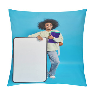 Personality  A Woman Holding A Book And Standing Next To A Smartphone Mockup, Ready To Embark On An Adventure. Pillow Covers