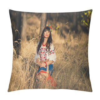 Personality  Young Woman In National Ukrainian Clothes On The Wheat Field In Pillow Covers