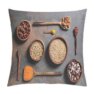 Personality  Top View Of Wooden Bowls And Spoons With Superfoods, Legumes And Grains On Table Pillow Covers