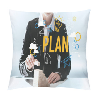 Personality  Cropped View Of Woman Building Career Ladder With Wooden Blocks, Icons And 'plan' Lettering On Foreground Pillow Covers