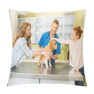 Personality  Woman, Daughter With Dog At Veterinary Doctor  Pillow Covers