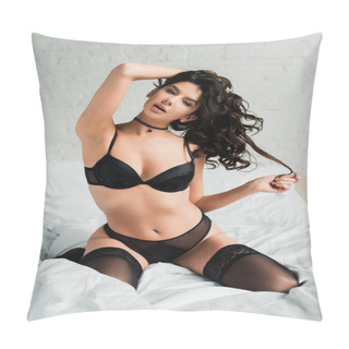 Personality  Attractive Sensual Girl In Black Lingerie And Stockings Sitting On Bed Pillow Covers