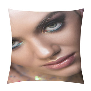 Personality  Close Up Of Young Woman With Glitter Makeup Looking At Camera Pillow Covers