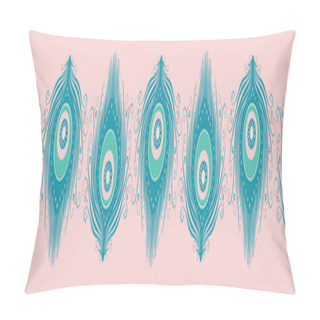 Personality  Peacock Feather Banner Design In Teal And Pink. Cute Vector Seamless Repeat Exotic Bird Feathers Border. Pillow Covers