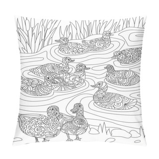 Personality  Flock Of Ducks Swimming In Pond Water With Tall Grass Colorless Line Drawing. Multiple Wild Goose Playing On A Lake Coloring Book Page. Pillow Covers