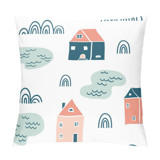 Personality  Seamless Landscape Pattern. Scandinavian Simple Minimalist Houses, Lakes And Doodles. Funny Map Texture. Cute Stylized City. Hand Drawn Cartoon Street Illustration For Children Textile, Fabric Pillow Covers