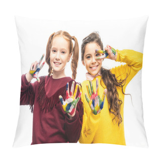 Personality  Smiling Schoolgirls Showing Peace Signs With Hands Painted In Colorful Paints And Looking At Camera Isolated On White Pillow Covers