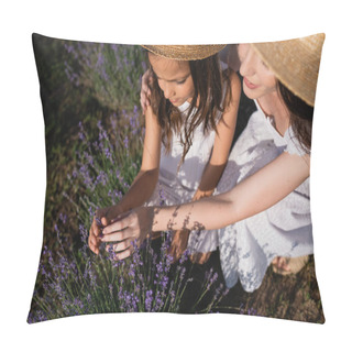 Personality  High Angle View Of Mother And Daughter In Straw Hats In Field With Blooming Lavender Pillow Covers