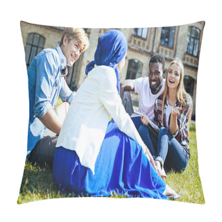 Personality  Joyful Young People Chatting Outdoors Together Pillow Covers