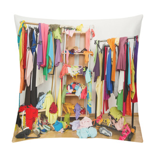 Personality  Untidy Cluttered Woman Wardrobe With Colorful Clothes And Accessories. Pillow Covers