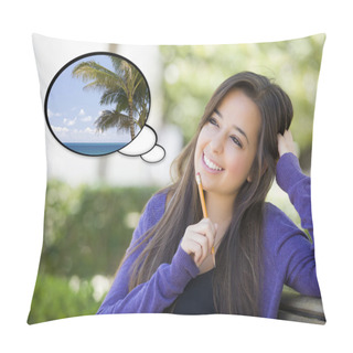 Personality  Pensive Woman With Tropical Scene Inside Thought Bubble Pillow Covers