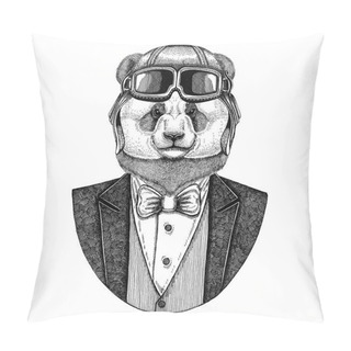 Personality  Panda Bear, Bamboo Bear Animal Wearing Aviator Helmet And Jacket With Bow Tie Flying Club Hand Drawn Illustration For Tattoo, T-shirt, Emblem, Logo, Badge, Patch Pillow Covers