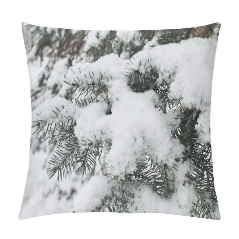 Personality  A detailed close-up image captures the intricate beauty of snowflakes resting on the green needles of a pine branch, highlighting a serene winter scene. pillow covers