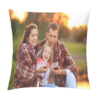 Personality  Concept Of Raising Children - A Happy Family Wrapped In A Blanke Pillow Covers