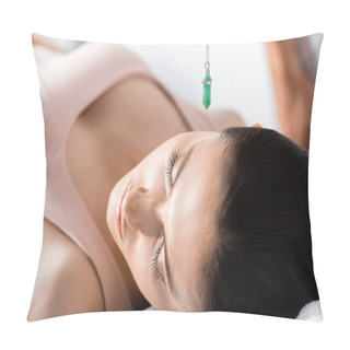 Personality  Woman With Closed Eyes And Green Stone Above Her Head Pillow Covers