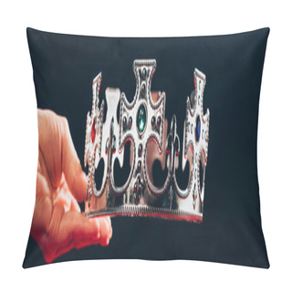 Personality  Cropped View Of Woman Holding Silver Crown With Gemstones, Isolated On Black, Panoramic Shot Pillow Covers