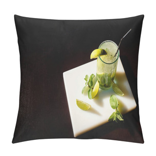 Personality  Top View Full Glass Of Mojito Cocktail With Ice Cubes And Mint On Black Backdrop, Concept Pillow Covers