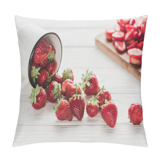 Personality  Ripe Strawberries Spilled From Mug Onto White Wooden Surface With Cutting Board Pillow Covers
