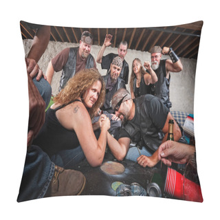 Personality  Grinning Woman Wins Arm Wrestling Match Pillow Covers