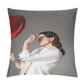 Personality  Trendy Tattooed Woman In White Shirt Standing With Cigarette And Red Heart-shaped Balloon Isolated On Grey Pillow Covers