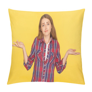 Personality  I Don't Know! Portrait Of Confused Puzzled Ginger Girl In Checke Pillow Covers