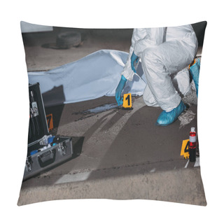 Personality  Cropped Image Of Criminologist In Protective Suit And Latex Gloves Collecting Evidence At Crime Scene With Corpse  Pillow Covers