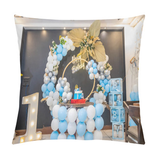 Personality  One Year Birthday Decoration With White And Blue Balloons From Different Angle Pillow Covers