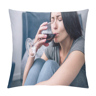 Personality  Beautiful Depressed Woman Drinking Wine At Home Pillow Covers