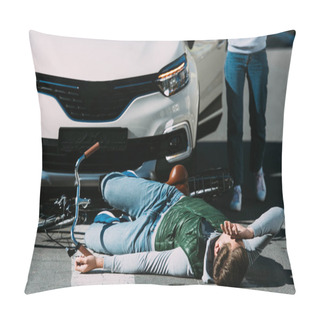 Personality  Cropped Shot Of Woman Running To Injured Cyclist At Motor Vehicle Collision Pillow Covers