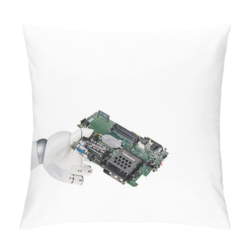 Personality  Cropped Shot Of Robot Holding Computer Circuit Board Isolated On White Pillow Covers