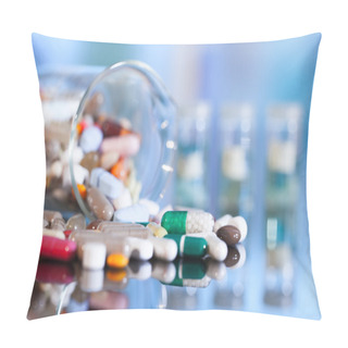 Personality  Colorful Tablets With Capsules And Pills On Blue Background Pillow Covers