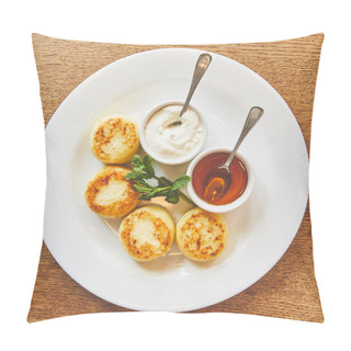 Personality  Fried Cheese Pancakes Dish Served With Honey And Sour Cream Pillow Covers