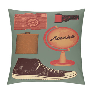 Personality  Vector Grunge Set Of Retro Things For Traveler. Pillow Covers