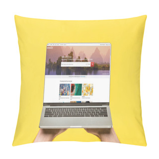 Personality  Cropped Shot Of Person Holding Laptop With Shutterstock Website On Screen Isolated On Yellow Pillow Covers