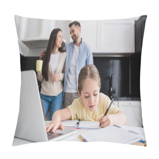 Personality  Child Using Laptop And Writing In Notebook Near Smiling Parents Talking On Blurred Background Pillow Covers