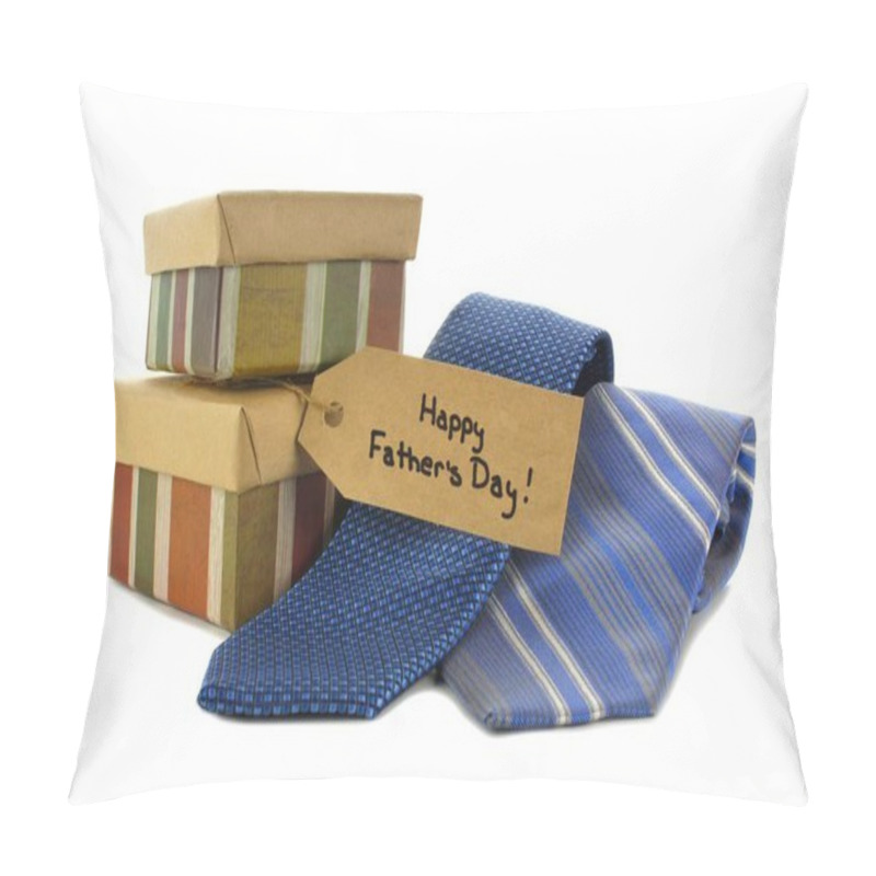 Personality  Happy Fathers Day tag with gift boxes and ties over white pillow covers