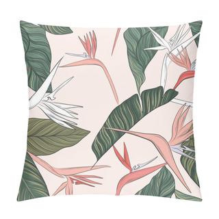 Personality  Flowers Vector Green Pink Tender Summer Illustration. Seamless Beach Design With Exotic Foliage Texture. Hawaiian Print Pillow Covers
