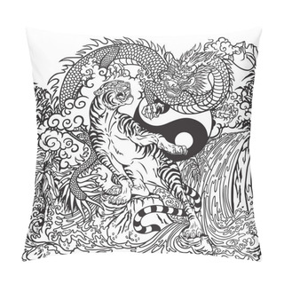 Personality  Chinese Dragon Versus Tiger In The Landscape With Waterfall , Rocks ,plants And Clouds . Two Spiritual Creatures In The Buddhism. Black And White Vector Illustration Included Yin Yang Symbol Pillow Covers