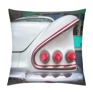 Personality  The Rear Fins And Tail Lights Of A 1958 Chevrolet Impala Sport Coupe On Display At Universal Studios Japan In Osaka. Pillow Covers