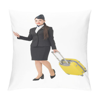 Personality  Young Stewardess With Suitcase Using Smartphone Isolated On White Pillow Covers