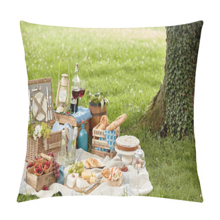 Personality  Blanket With Picnic Food Set On Green Grass Under Tree In Park Pillow Covers