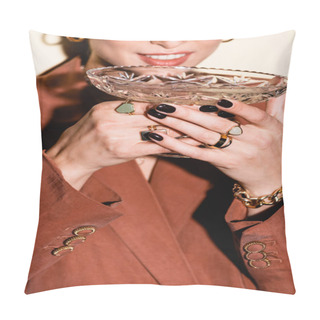 Personality  Cropped View Of Happy Woman In Brown Blazer Drinking Champagne From Glass On White Pillow Covers