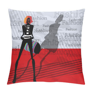 Personality  The Fashionable Girl With A Bag On A Red Background Pillow Covers