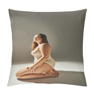 Personality  Pleased Plus Size Woman With Long Hair Wearing Beige Bodysuit And Enjoying Bright Lighting While Posing On Grey Background With Studio Light, Body Positive, Figure Type, Diversity Of Body Pillow Covers