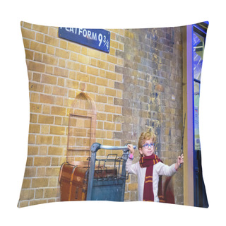 Personality  London, UK - May 12 2018: Unidentified People Poses At The Platform 9 3/4 That Taken Fron Harry Potter Movie In King's Cross Station Pillow Covers